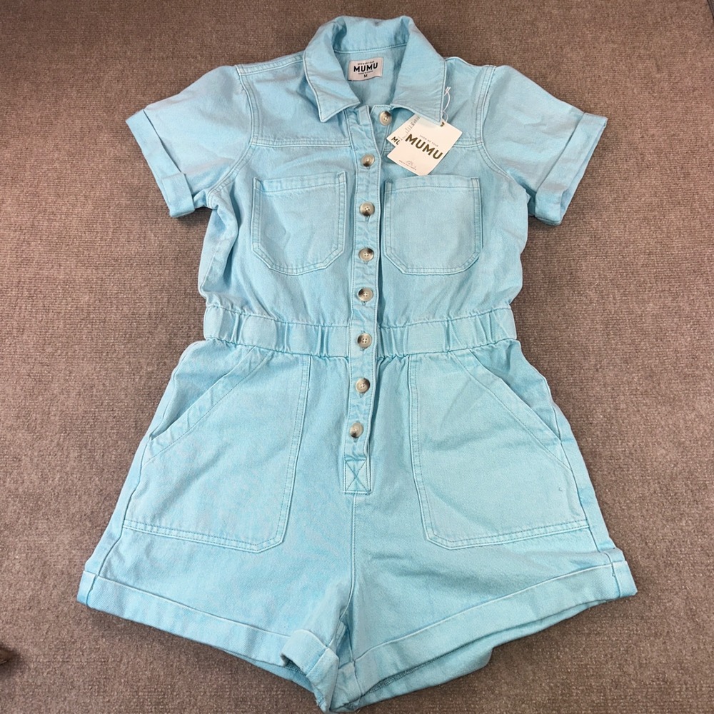Show Me Your Mumu Denim Romper Light Blue Button Front Utility Short Sleeve M
